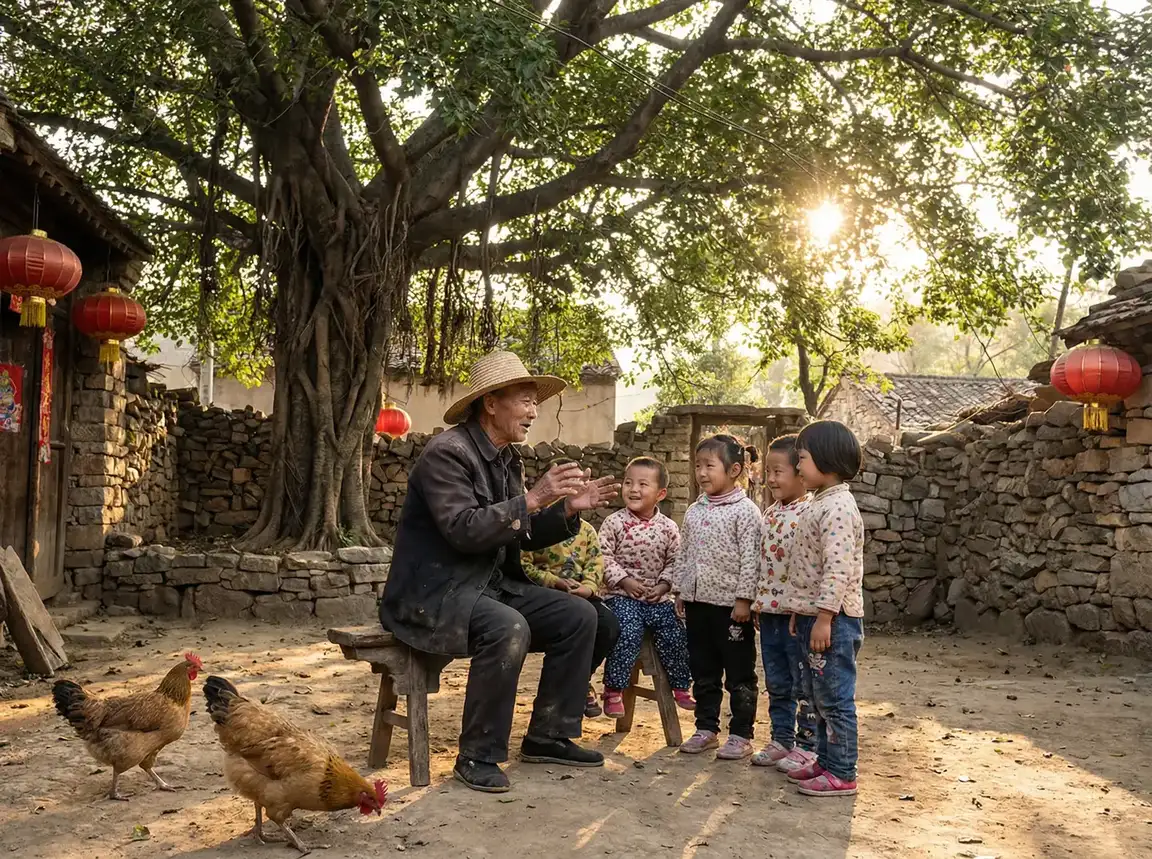 老人在大榕树下给孩子们讲故事 - 小保姆的疯狂 乡村记忆